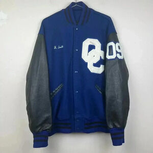 Vintage DeLong Blue Letterman Jacket with Leather Sleeves by Unknown